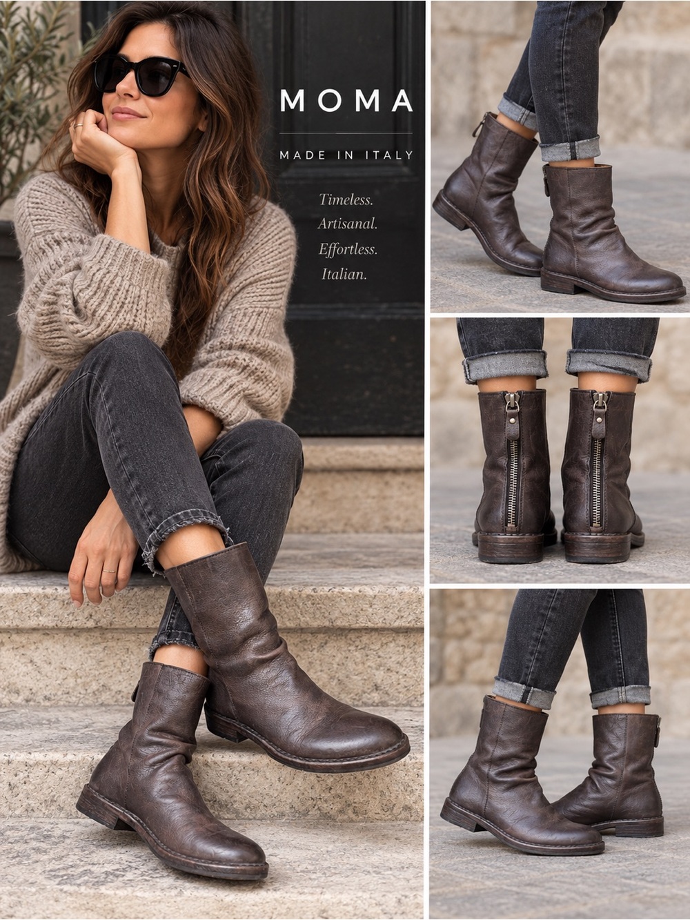 MOMA Made in Italy Brown Leather Slouch Ankle Boots Back Zip Size 38